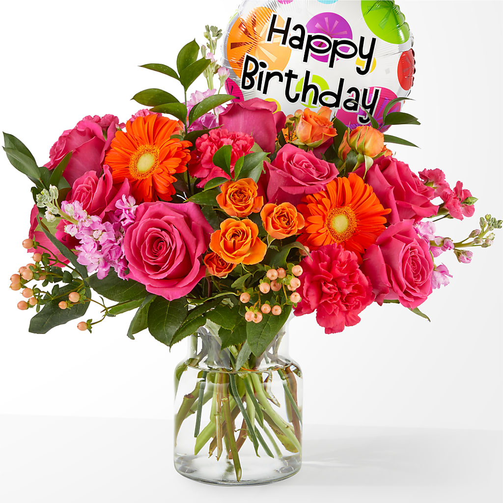 Fiesta Bouquet with Birthday Balloon – HORTENSIA'S FLOWERS, Carlsbad CA