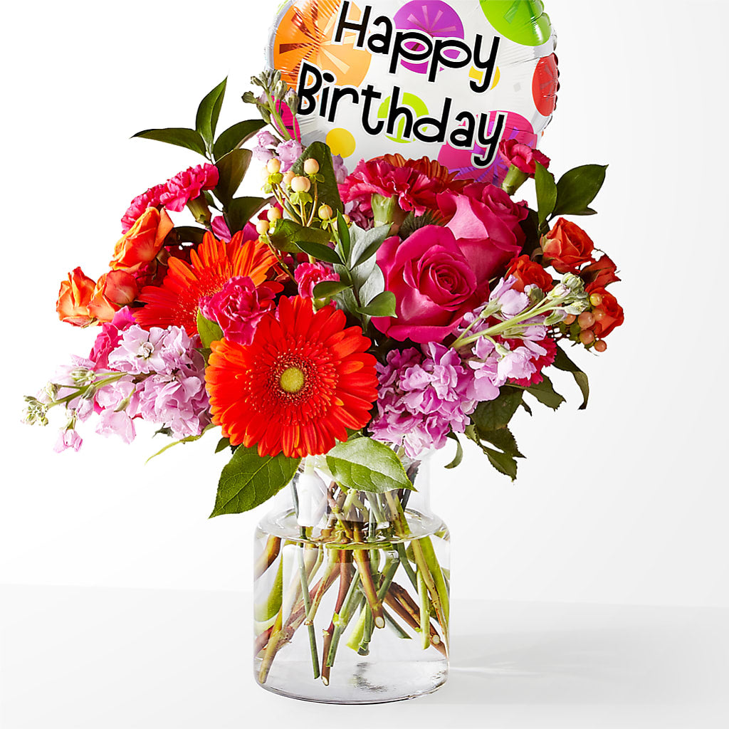 Fiesta Bouquet with Birthday Balloon – HORTENSIA'S FLOWERS, Carlsbad CA