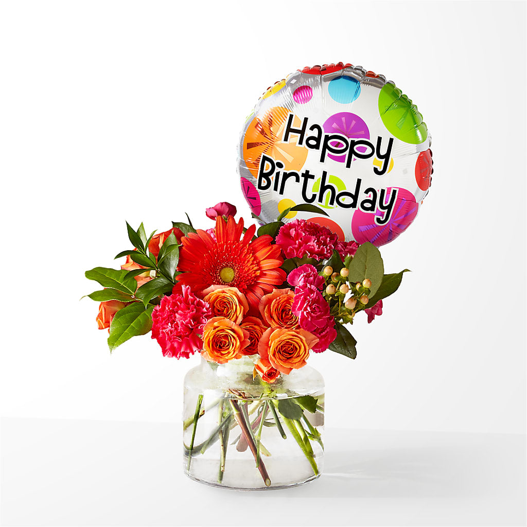 Fiesta Bouquet with Birthday Balloon – HORTENSIA'S FLOWERS, Carlsbad CA